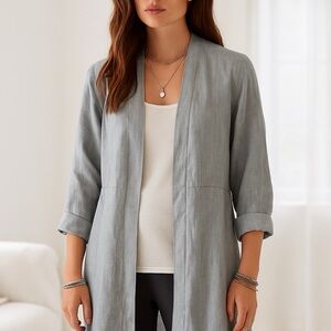 Eileen Fisher Organic Linen Chambray Long Jacket w/ Pockets Open Front M